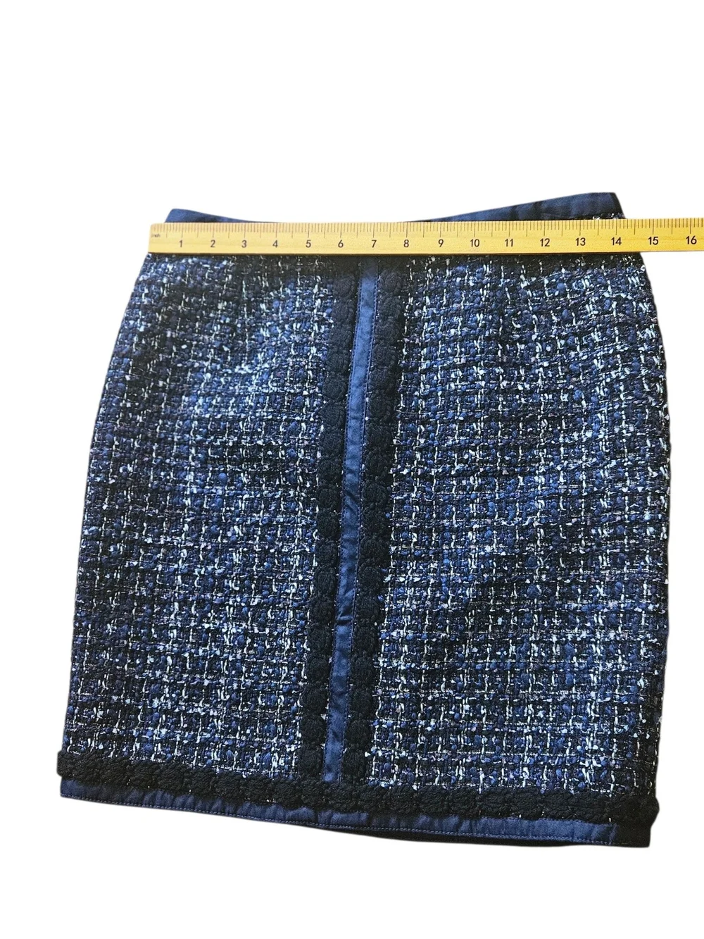 Tory Burch Navy Blue Tweed Mini Skirt Size 2 Textured Silk Trim Pocket Detail